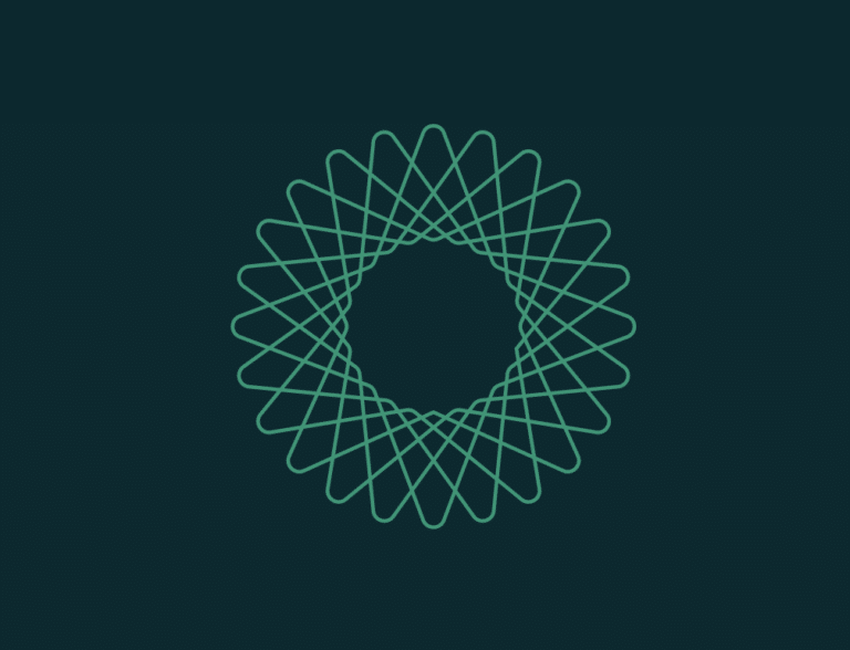 A geometric design featuring a symmetrical, circular pattern made of overlapping green lines forming a spirograph shape on a dark teal background.