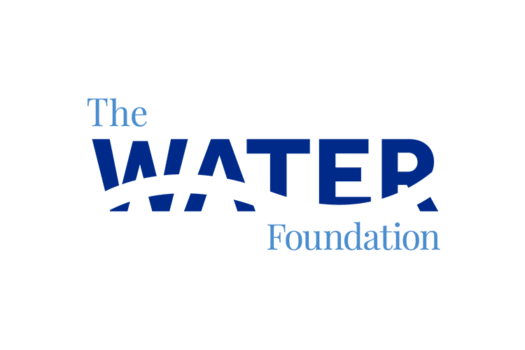 Logo for The Water Foundation. The word WATER is in bold blue with a white curved line cutting through it, resembling a wave. The and Foundation are in light blue, smaller, above and below WATER..