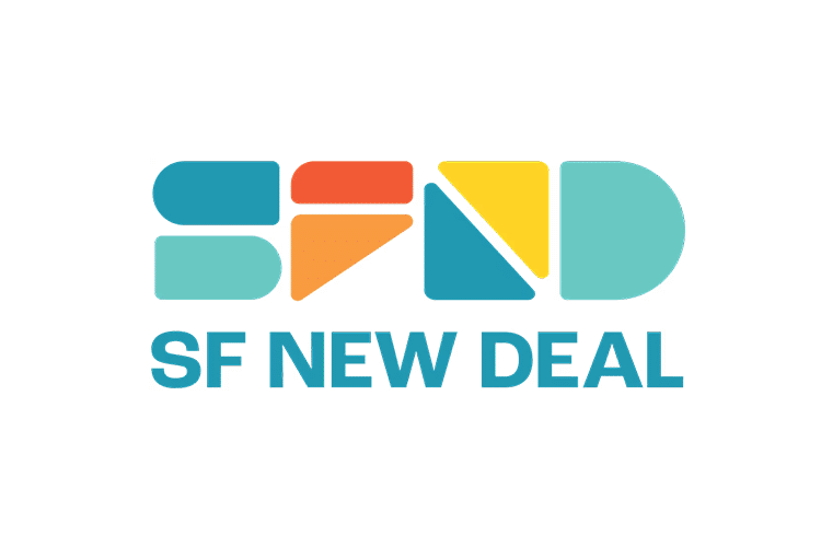 Geometric shapes in blue, orange, yellow, and teal form the acronym SFND above the words SF NEW DEAL in bold teal letters on a white background.